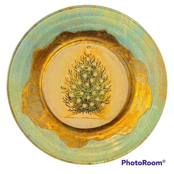 Hand Designed & Signed Teal & Gold Christmas Tree 7-1/2" Plate - Picture 1 of 2
